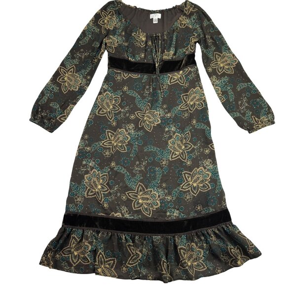 LOFT Dresses & Skirts - Y2K Green Floral Velvet Trim Peasant Fairycore Fairy Goth Midi Dress Women's sz6